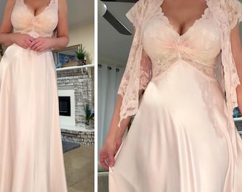 Vintage Olga Gold Label Nightgown & Bed Jacket Set, Champagne Rose Pink, Rare find, Lace Nylon Robe, Medium