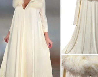 Vintage 1950s Lucie Ann Beverly Hills Nightgown • Marabou Feathers • Ivory • Peachskin Texture • Pre Claire Sandra • Peignoir Gown