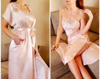 Blanche Nightgown and Robe Set, Pink Satin with Lace on Bodice and Sides and Slits with Ties on Each Side, Medium