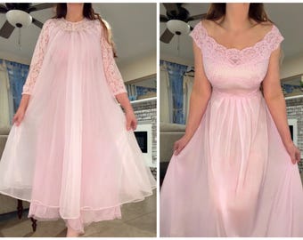Vintage Vanity Fair Pink Nylon Tricot Nightgown & Chiffon Peignoir Set • Sheer Lace Bodice • Fluffy Double Chiffon Robe • 1960s, 34 • S