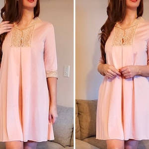 Vintage 1960s Pink Long Sleeved Nightgown with Ecru Lace Trim at Bodice and Sleeves, Pearl Buttons, Large, no tags-Unknown Designer