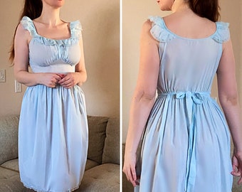 Vintage Sheer Nightgown Shadowline Linen Sexy Dress, sz 38/M/L, Light Powder Blue Lace Ruffle Neckline, Old Hollywood Glam Adorable!