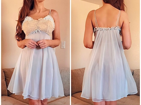Vintage Vanity Fair Babydoll nightie 1960s Blue Chiffon Nightgown With Flirty Ruffles and Lace at the Bodice 34 Party Dress Etsy UK