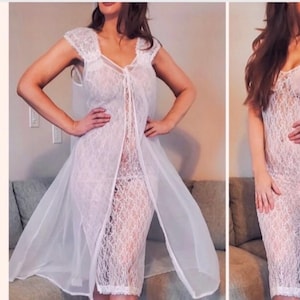 Vintage Frederick’s of Hollywood Nightgown & Peignoir Set, Sheer, White Lace, Sequin Shoulders, Bridal Wedding Night, Nightgown and Robe Set