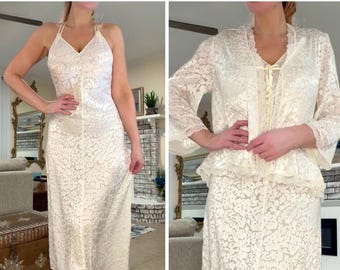 Vintage Lucie Ann Beverly Hills Nightgown & Bed Jacket • 2 Piece Set • Low Dip Crisscross Back • Rhinestone Detail • Sexy