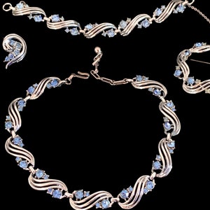 Vintage 1950s CORO Silver Tone Light Blue Rhinestone, Necklace, Clip Earrings, Bracelet, Pin, Full Parure  Set, Rhodium Plated Silver Tone