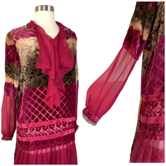 Antique 1920’s Dress Velvet Burnout Silk, Gown, V… - image 5
