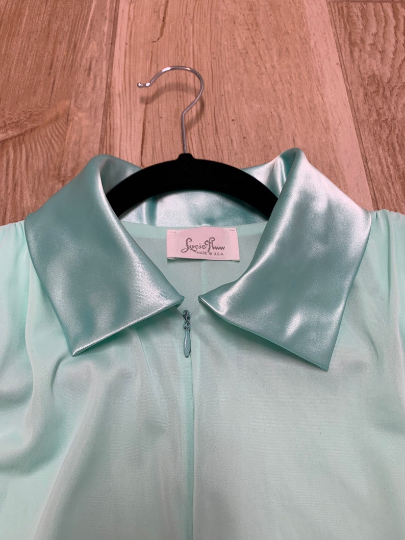 Vintage 1950s Lucie Ann Robe Dressing/Hostess Gown/Robe, Aqua Green, Satin Trim, Zip Front, Medium, Made in USA image 5