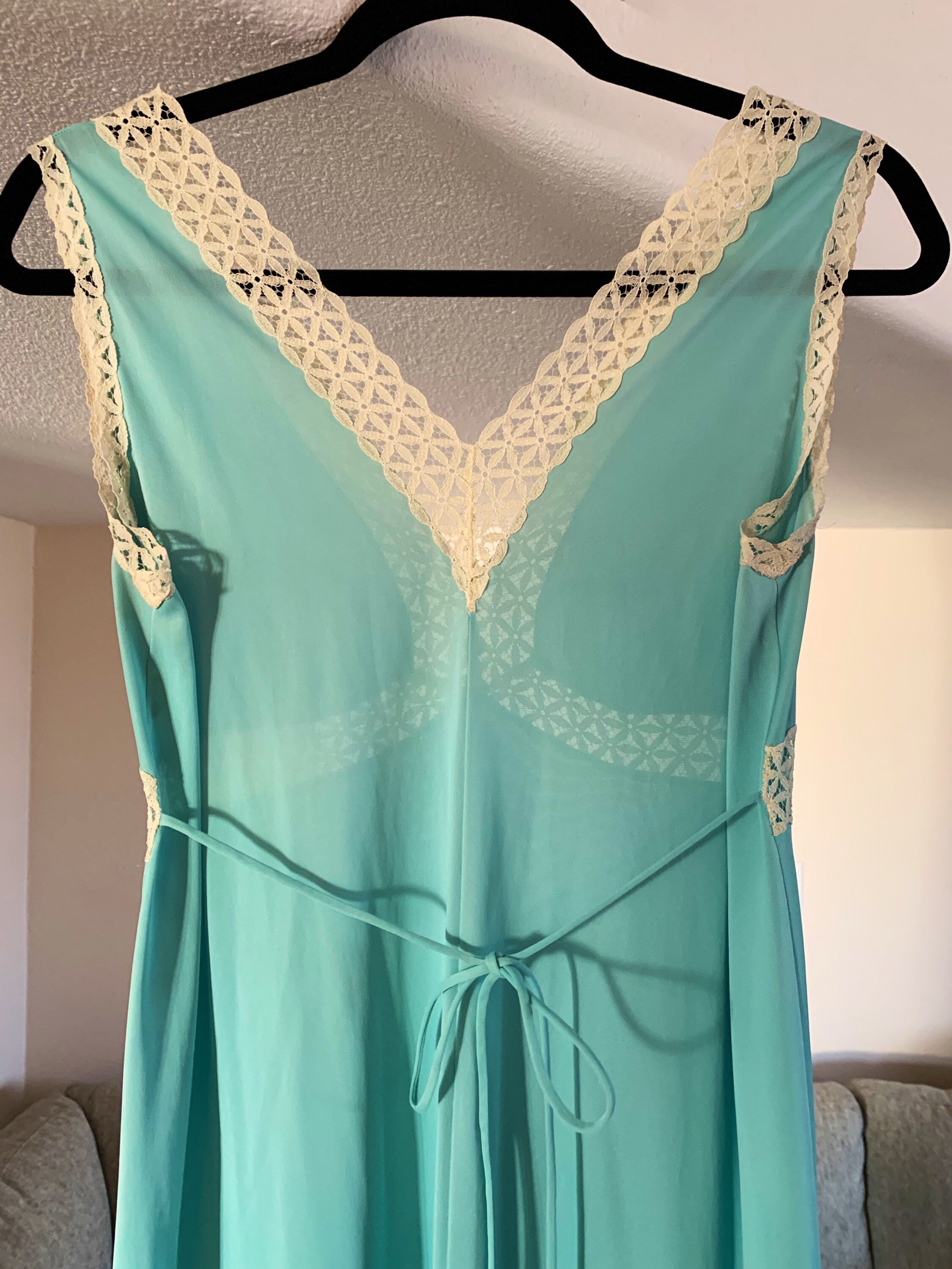 Vintage Vanity Fair Nightgown, Grecian Lace Bodice, Tie Waist, Blue