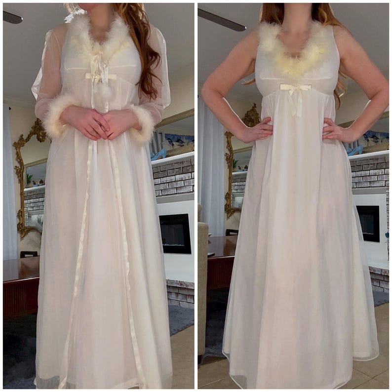 1960s Maribou Feather Trimmed Nightgown & Robe Set, Ivory Chiffon Gown, Petite Small image 1