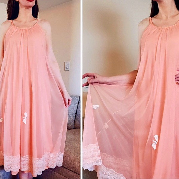Vintage Intime Nightgown, Sheer Peach Chiffon Overlay, Long,  Nylon, Waterfall Gown/Negligee with Flower Applique Lace Hem, M/L, 1970s