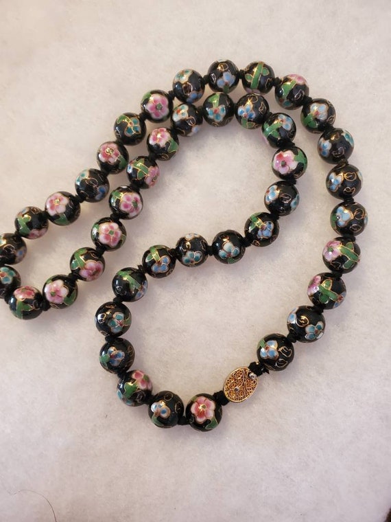 Vintage Black Hand Knotted Cloisonné Beaded Neckl… - image 3