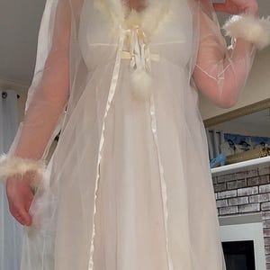 1960s Maribou Feather Trimmed Nightgown & Robe Set, Ivory Chiffon Gown, Petite Small image 4