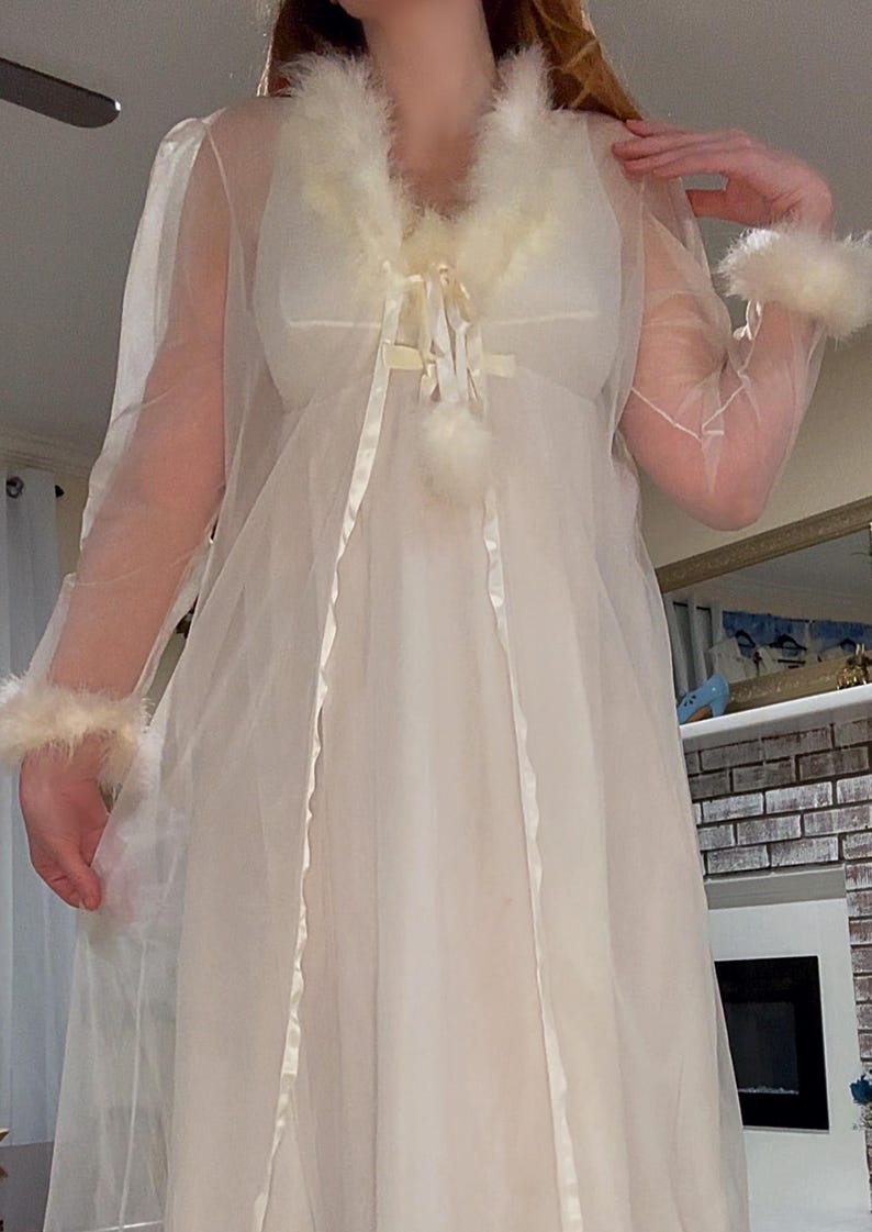 1960s Maribou Feather Trimmed Nightgown & Robe Set, Ivory Chiffon Gown, Petite Small image 4