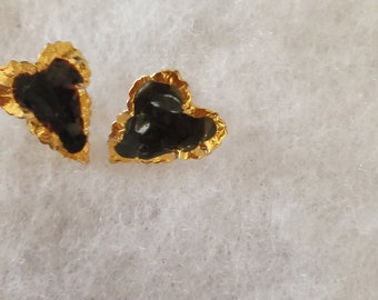 Gold Plated Black Leaf Pierced Earrings, 3/4 display picture 1