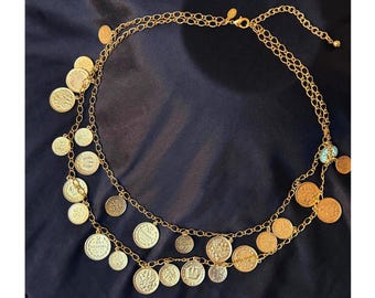 Vintage Joan Rivers Gold Plated Double Strand Coin Medallion Charm Necklace, Chain 26”, Russian Inspired Coins