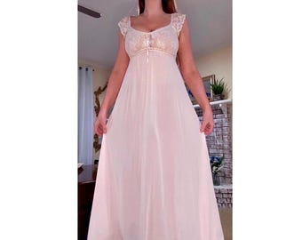 OLGA Nightgown Pink Silky Nylon & Sheer Lace top, Lingerie Vintage Size 32/34 #9685