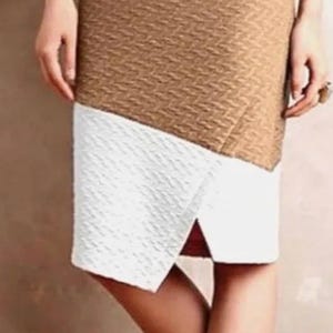 Anthropologie HD In Paris Textured Knit Pencil Skirt, Stretchy Figure Hugging Asymmetrical, Color Block, Brown, Black, and White, 6, Small bild 2