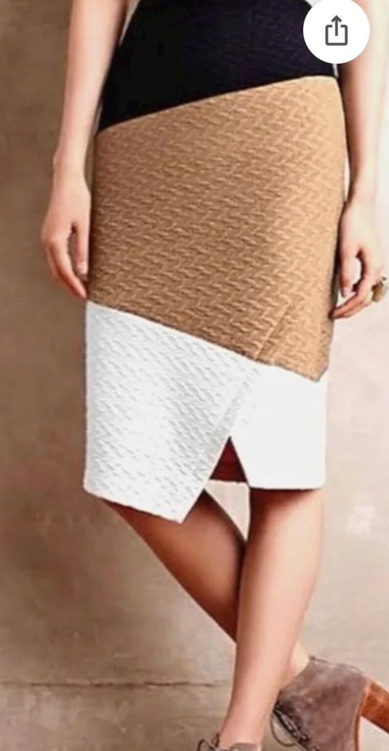 Anthropologie HD In Paris Textured Knit Pencil Skirt, Stretchy Figure Hugging Asymmetrical, Color Block, Brown, Black, and White, 6, Small bild 2
