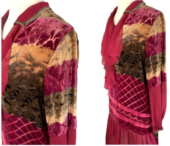 Antique 1920’s Dress Velvet Burnout Silk, Gown, V… - image 8