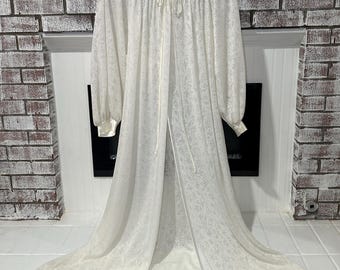 Vintage Claire Sandra Lucie Ann Robe • Collared • Lacy Soft Cotton Like • Ivory • Peignoir / Dressing Gown - Small/Petite, semi-sheer