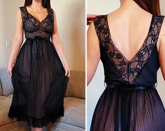 Vintage 1950s Sheer Nightgown/Negligee Edwards Lingerie, Black Sexy  Ruffle Hem and Lacy Bodice, Belt at Waist, Medium/36