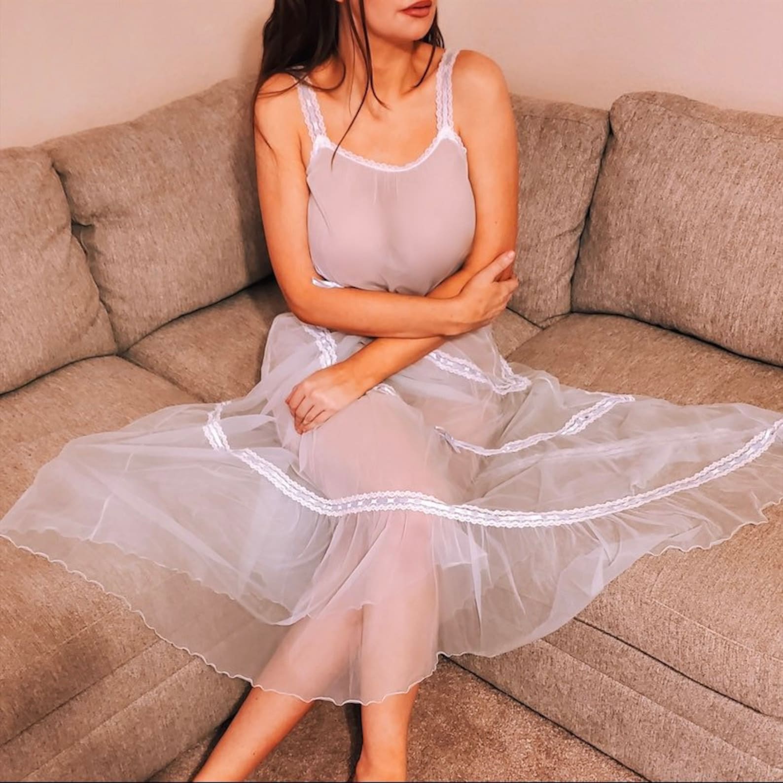 Vintage Intime Sheer Nightgown Blue Chiffon Lace Detail and Ribbon Bows