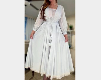 Vintage Lucie Ann Claire Sandra Nightgown & Robe Set • Pom Pom Tie • Powder Blue • Lace Trim • Nylon • Peignoir / Dressing Gown • Small