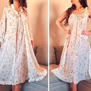 Lucie Ann by Claire Sandra Sheer Nightgown & Robe Set Beverly Hills Ivory Floral Peignoir Negligee Old Hollywood Gift