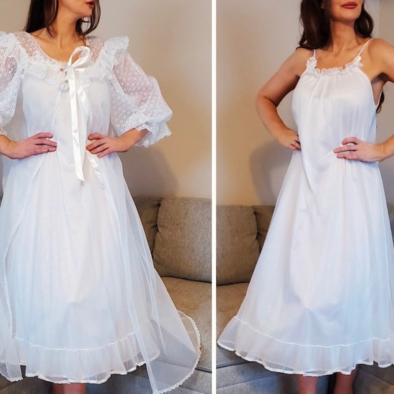 TULA vintage 1940s peignoir set,  white sheer tone on tone wedding bridal seersucker