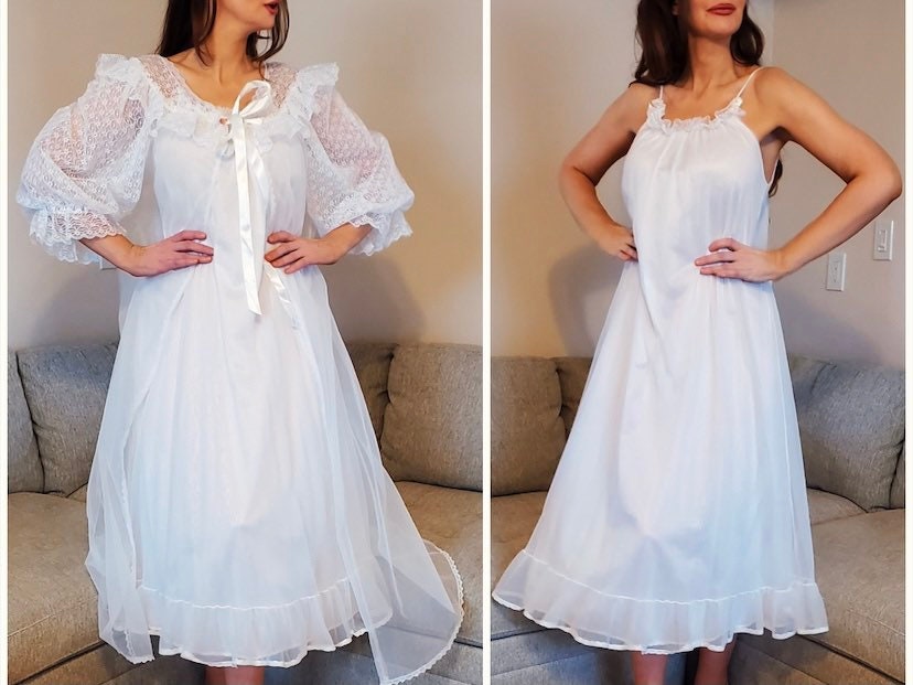 60's/70's White Sheer and Lace Puff Sleeve Peignoir Robe by Tosca Lingerie main image 1