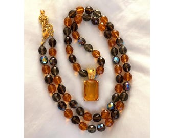 Signed Joan Rivers Gold Tone Faceted Topaz & Amber Glass Bead Necklace w/ Enhancer