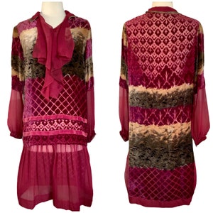 Antique 1920’s Dress Velvet Burnout Silk, Gown, Vintage, Flapper Style, Long Sleeves, Sheer Skirt, Burgundy, Schoolgirl, Argyle, S/M Museum