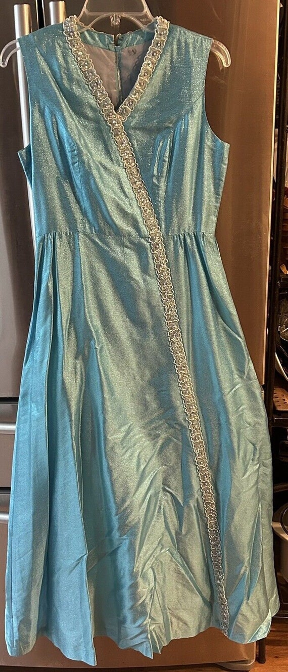 Vintage Women’s Metallic Formal Dress Aqua Lame Fa