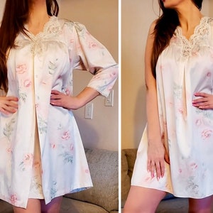 Ensemble Chemise De Nuit Vintage Eve Stillman - Manches Volants, Dentelle Blanche, Fleurs, Taille S