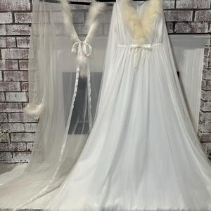1960s Maribou Feather Trimmed Nightgown & Robe Set, Ivory Chiffon Gown, Petite Small image 3