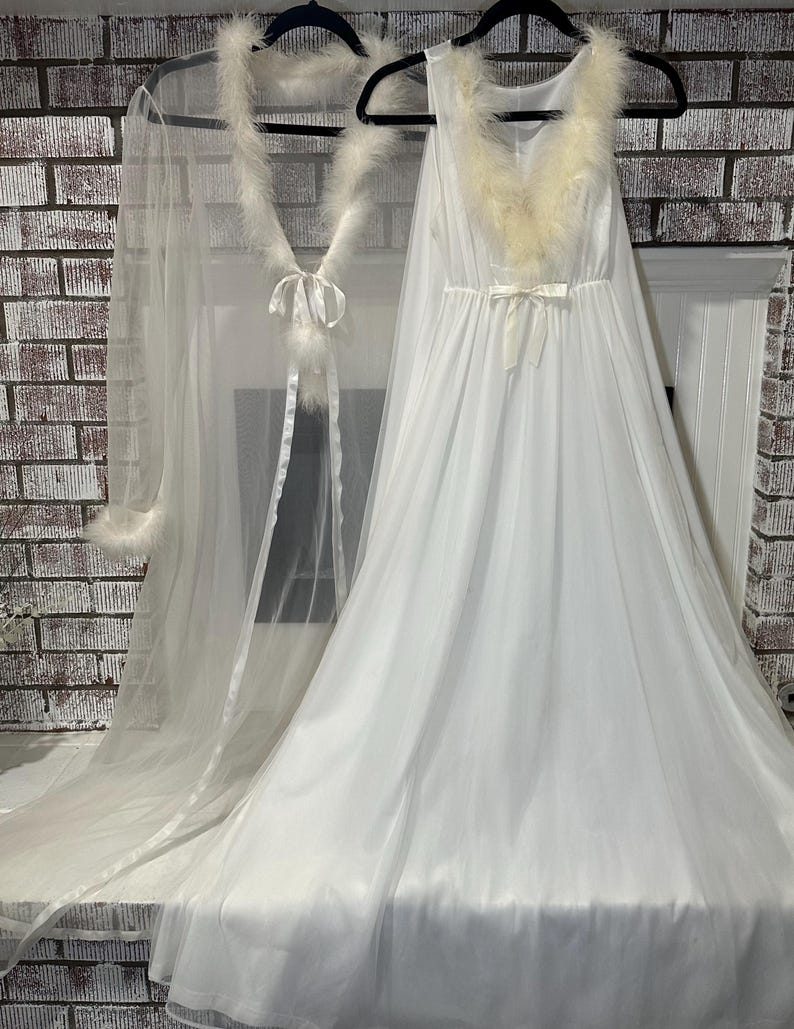 1960s Maribou Feather Trimmed Nightgown & Robe Set, Ivory Chiffon Gown, Petite Small image 3