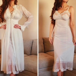 Vintage Edwardian Nightgown & Robe Set 1930s Victorian Peignoir w/ Negligee by Kickernick, Dressing Gown mix match set, Small, Made in USA