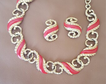 Vintage Signed Trifari Necklace Clip on Earrings Gold Tone Red Enamel Set