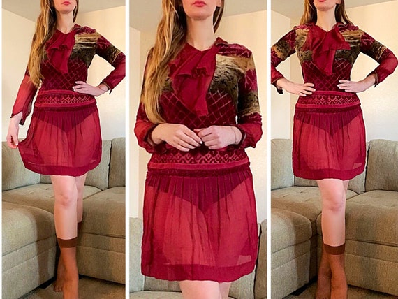 Antique 1920’s Dress Velvet Burnout Silk, Gown, V… - image 2