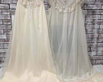 1950's Vintage Nightgown & Robe Set by Shadowline, Double Chiffon Babydoll/Peignoir, Old Hollywood Glam, Medium, Made in USA