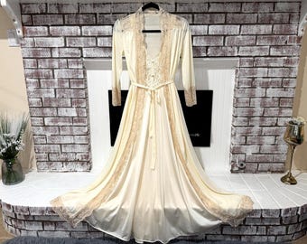 Vintage Olga Nightgown & Robe Set Ivory Silky Nylon • Tie Waist Peignoir Old Hollywood Glamour Bridal Gift Honeymoon • Large