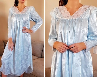 Dior Nightgown Long Sleeve Blue & White Lace Ruffles Satin Vintage Ribbon Bow Embroidered gift Authentic pajama, M/L