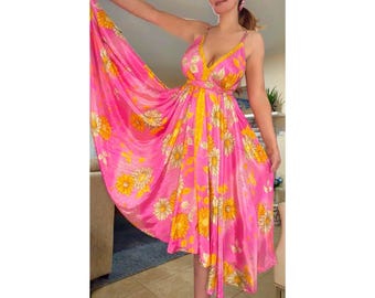 Vintage 1970s Goddess Disco Hostess Gown • Bohemian Silk • Massive Sweep • Resort Dress • 100% Silk • Sparkly Crystal Detail •