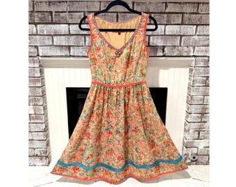 Vintage CYNTHIA STEFFE Dress • Beaded • Floral • Cotton • Size 10 • Orange & Light Blue