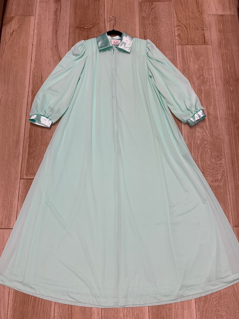 Vintage 1950s Lucie Ann Robe Dressing/Hostess Gown/Robe, Aqua Green, Satin Trim, Zip Front, Medium, Made in USA image 2