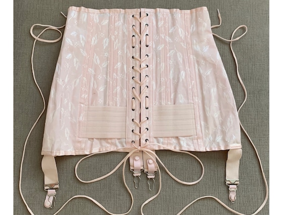 Vintage Open Bottom Girdle Corset by Merit Foundations, Lace Up, Light Pink  Jacquard Print Hook & Eye, Size 29, Rare Unusual Find, Metal 