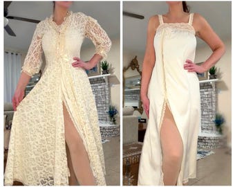 Vintage Odette Barsa Lace Peignoir Robe & Nightgown Set • Ivory • Ribbon Bow • Small