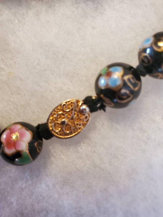 Vintage Black Hand Knotted Cloisonné Beaded Neckl… - image 2