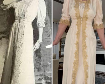 40s Glamorous Cream Rayon Satin Lace Peignoir Robe and Nightgown Set by Tula, S/M